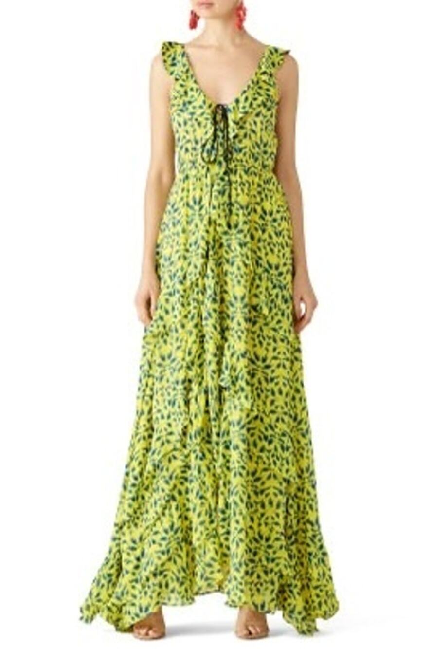TANYA TAYLOR Yellow Blue Printed Silk Chiffon V-Neckline Maxi Dress Size 2
